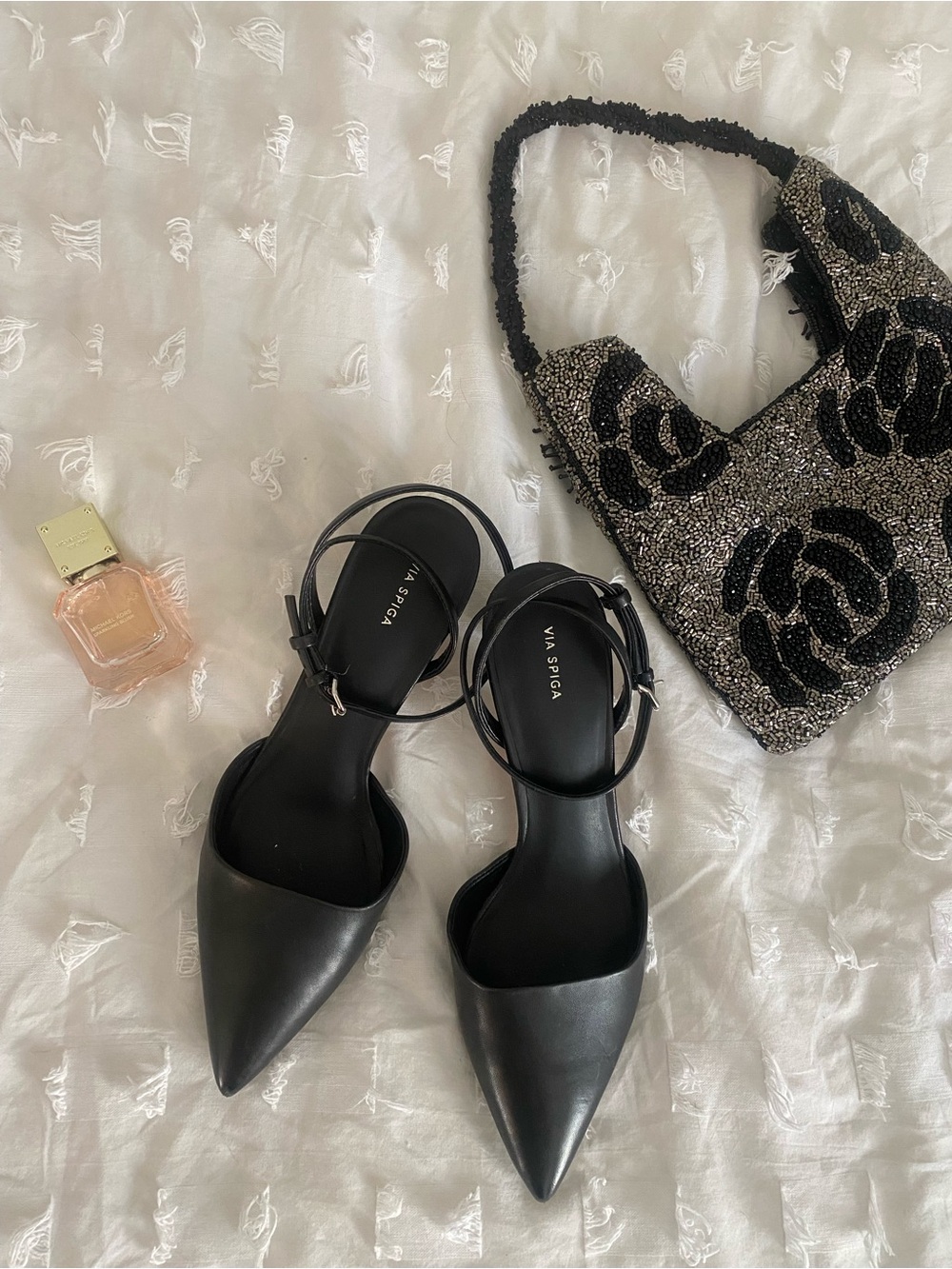 Via Spiga Black Pointed Toe Ankle-Strap Kitten Heels